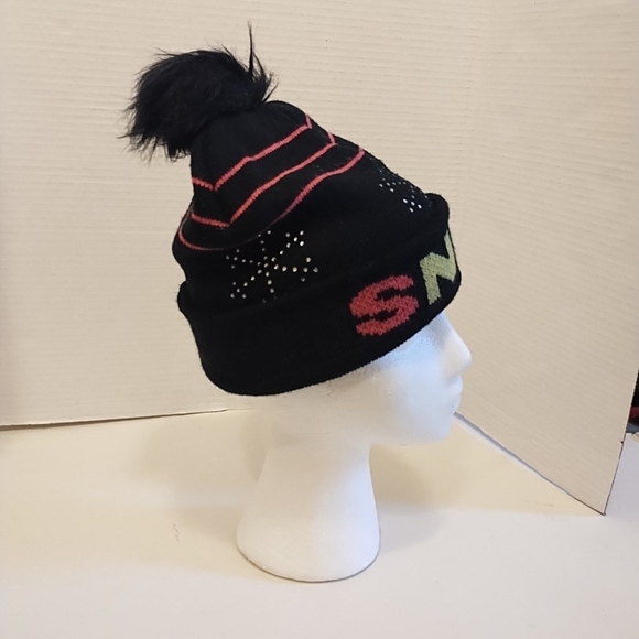 Snow Black Beanie With Rhinestone & Multicolored One Size Fits Most - Picture 5 of 6